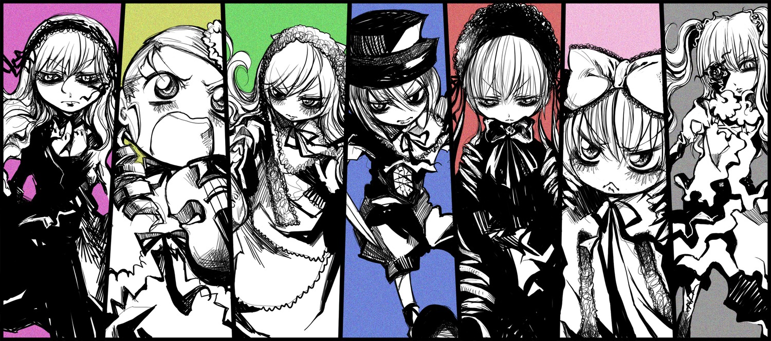 6+girls bad_id bad_pixiv_id bonnet bow column_lineup dress eyepatch flower hair_ribbon hairband hat highres hina_ichigo image instrument kanaria kirakishou letterboxed long_hair monochrome multiple multiple_girls multiple_monochrome photoshop_(medium) ribbon rozen_maiden shinku short_hair siblings sisters souseiseki suigintou suiseiseki tagme tokomichi twins violin wings