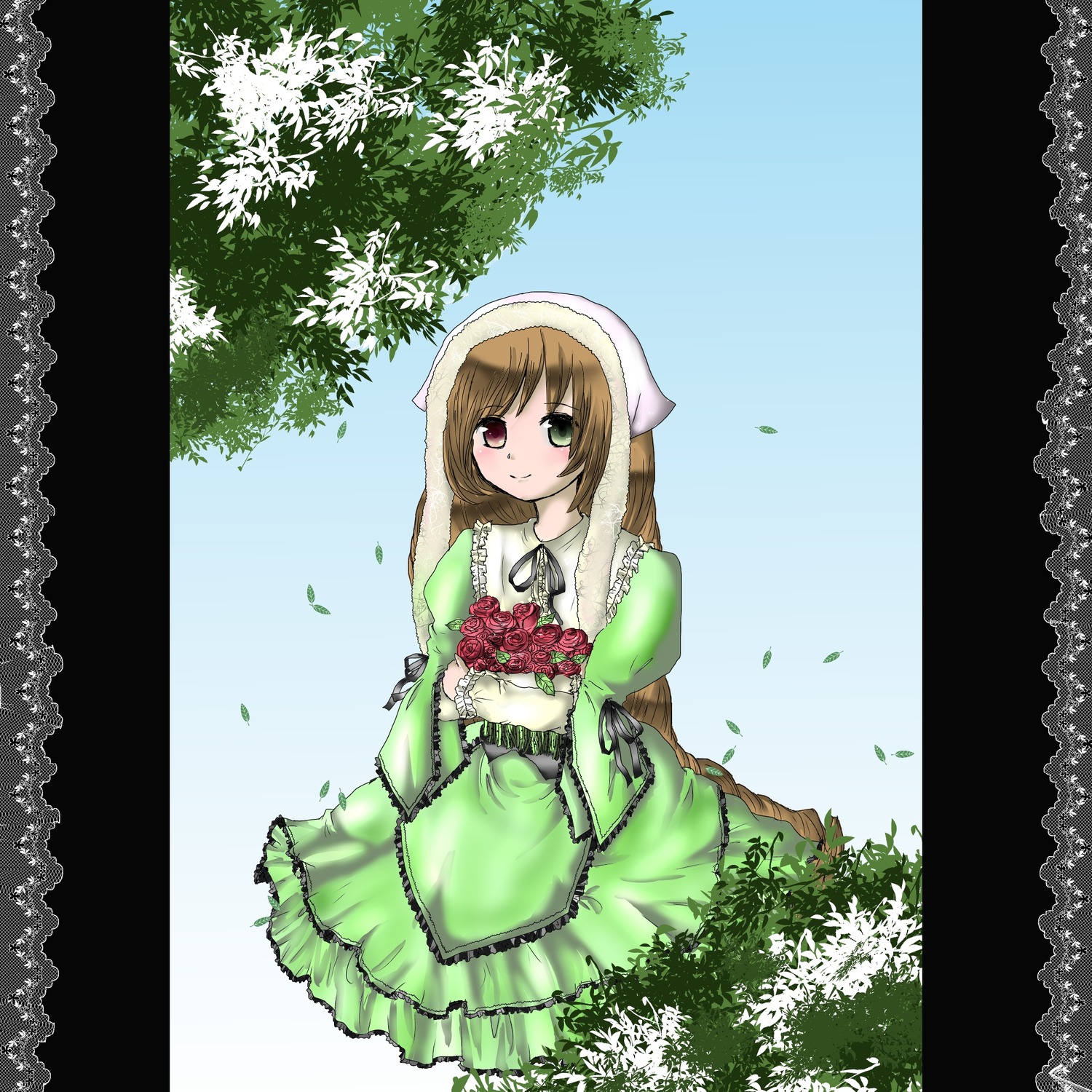 1girl brown_hair dress flower frills green_dress green_eyes head_scarf heterochromia image long_hair long_sleeves looking_at_viewer red_eyes rose smile solo suiseiseki very_long_hair watering_can