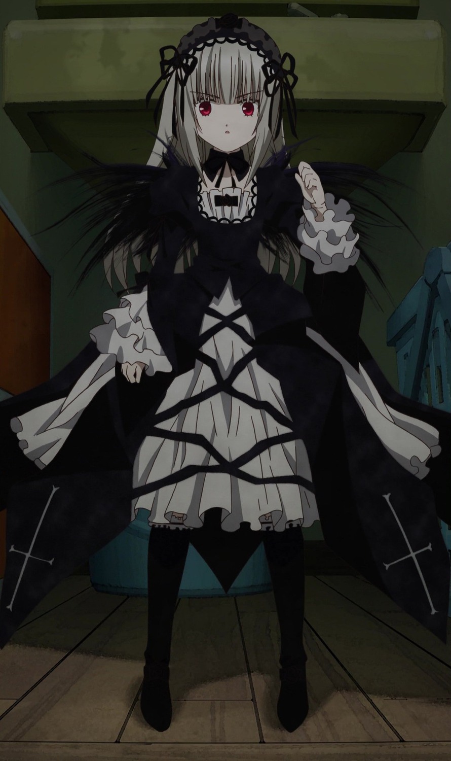 1girl cross dress frills gothic_lolita hairband image lolita_fashion lolita_hairband long_hair long_sleeves looking_at_viewer red_eyes ribbon rose solo suigintou