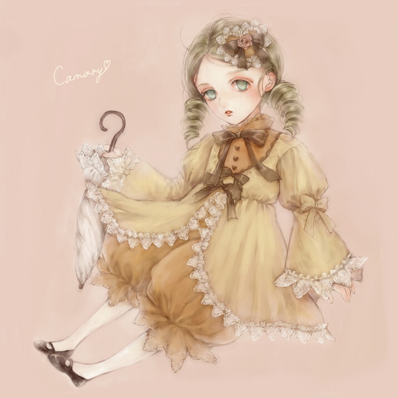 1girl blonde_hair bloomers bow closed_umbrella commentary_request dress drill_hair flower frills green_eyes green_hair hair_ornament image kanaria long_hair long_sleeves pantyhose partial_commentary ringlets rose rozen_maiden shoes solo striped striped_legwear twin_drills twintails umbrella vertical_stripes white_legwear yukishiro_(hitsuji)