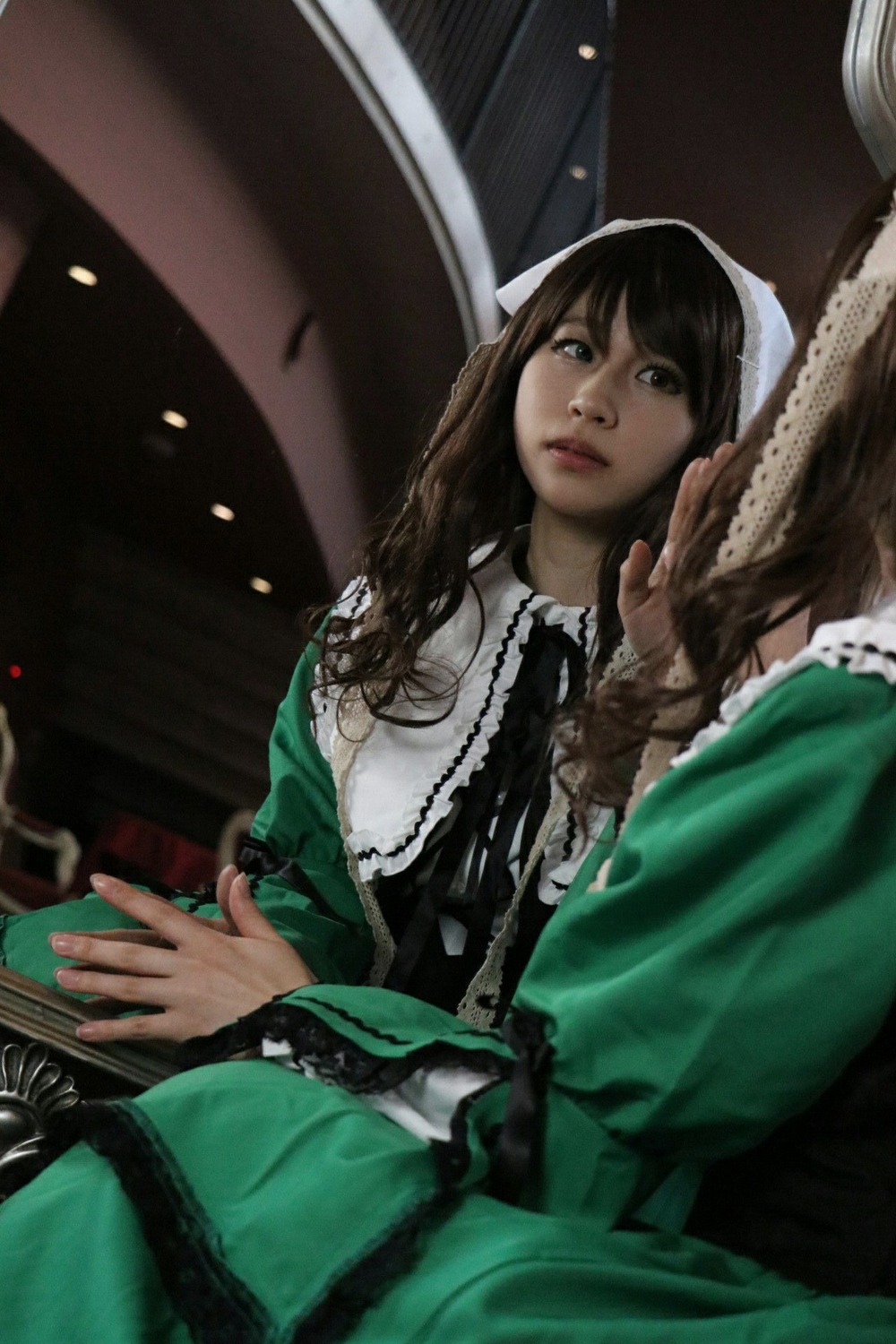 1girl brown_hair dress green_dress lips long_hair long_sleeves solo suiseiseki