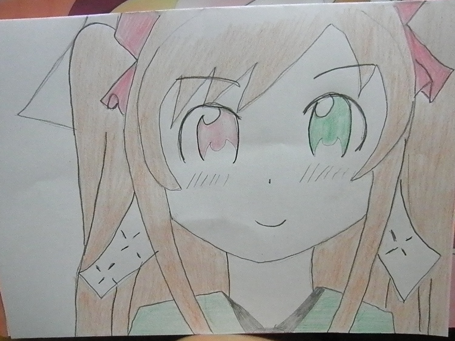 1girl blush bow eyebrows_visible_through_hair green_eyes image long_hair looking_at_viewer marker_(medium) photo portrait shikishi simple_background smile solo suiseiseki traditional_media white_background