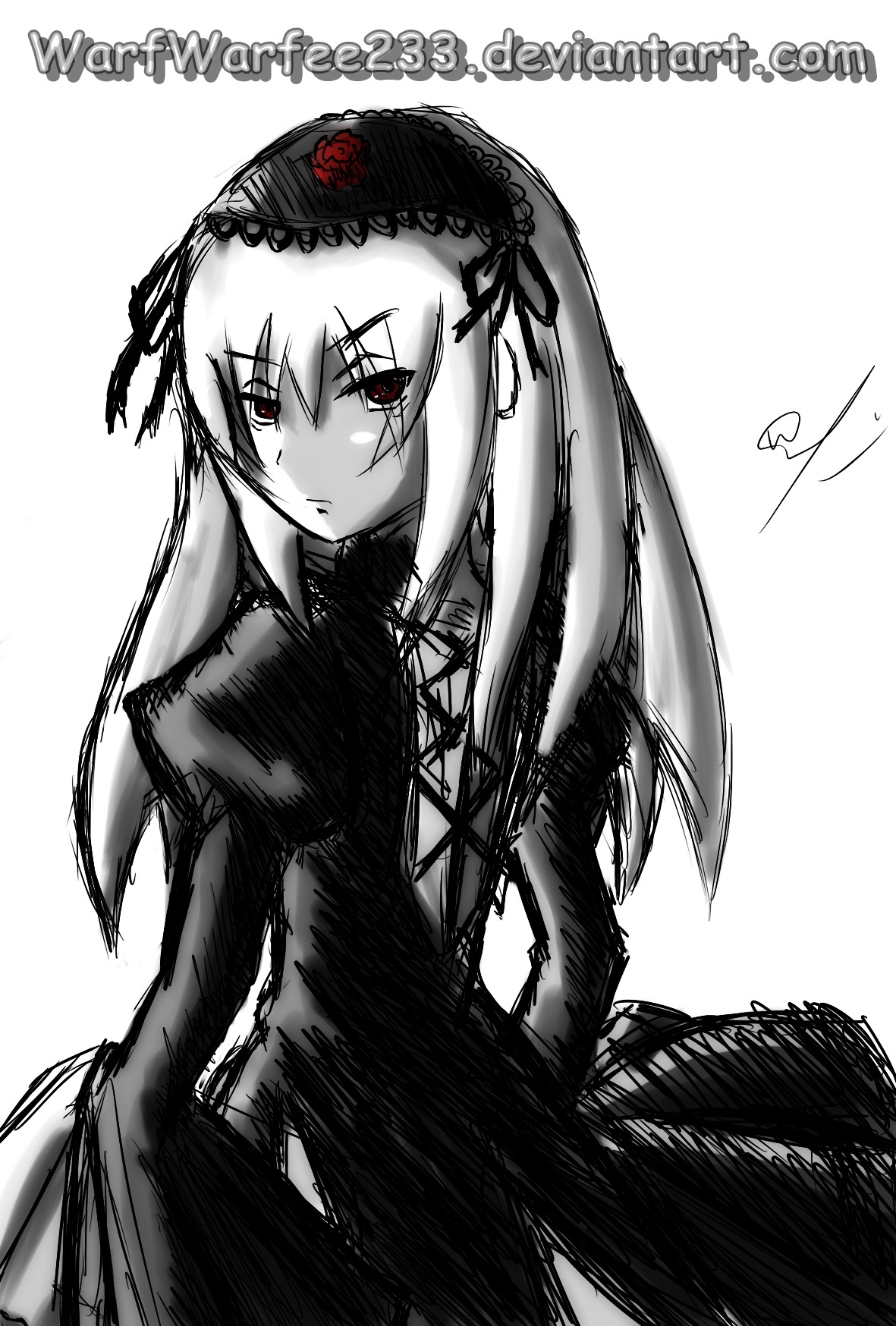 1girl closed_mouth dress greyscale hairband image lolita_hairband long_hair long_sleeves looking_at_viewer monochrome simple_background solo suigintou white_background wings