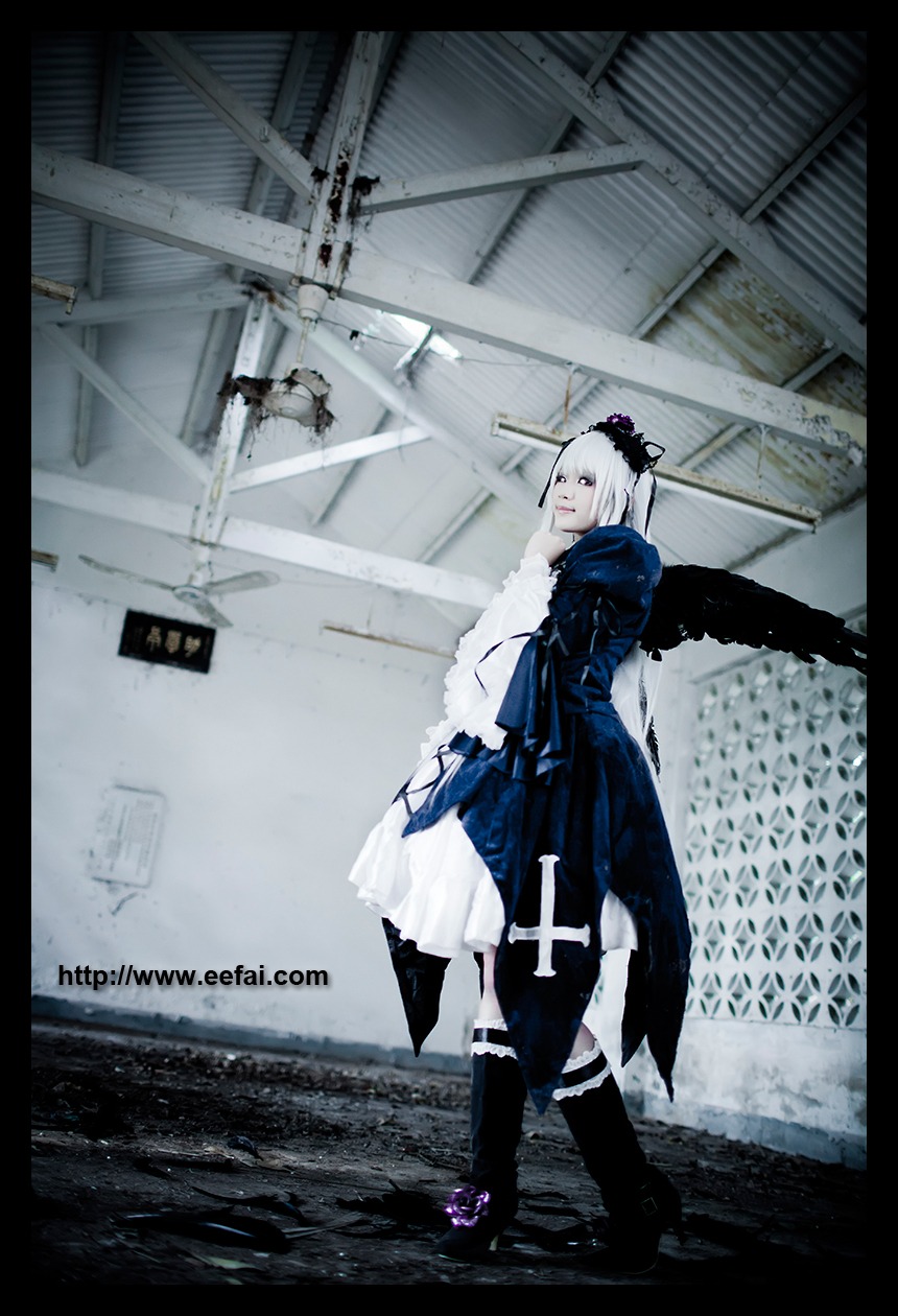 1girl black_border black_footwear boots cape cloak gloves letterboxed solo standing suigintou weapon