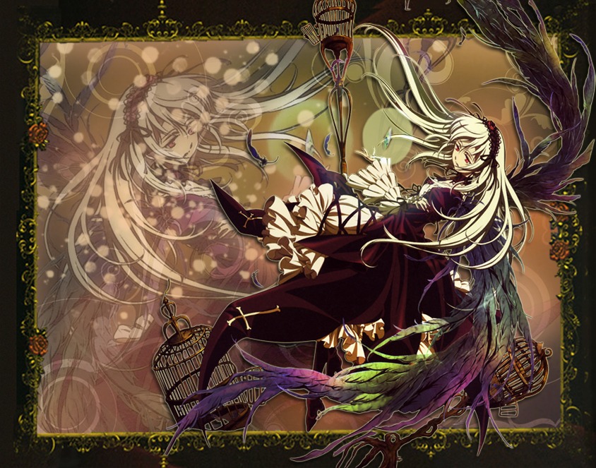 1girl 2girls auto_tagged black_wings dress floating_hair flower frills hairband image lolita_hairband long_hair long_sleeves looking_at_viewer multiple_girls red_eyes rose solo suigintou very_long_hair white_hair wings