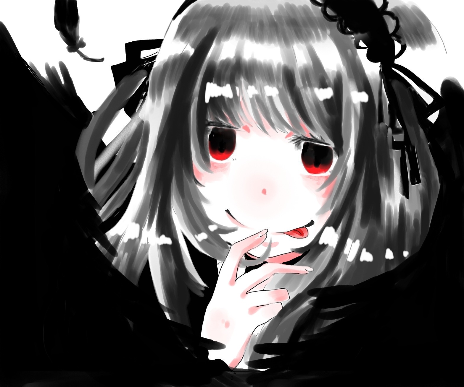 1girl :p bangs black_hair black_wings blush feathered_wings feathers hair_ribbon image long_hair looking_at_viewer red_eyes ribbon simple_background smile solo suigintou tongue tongue_out white_background wings