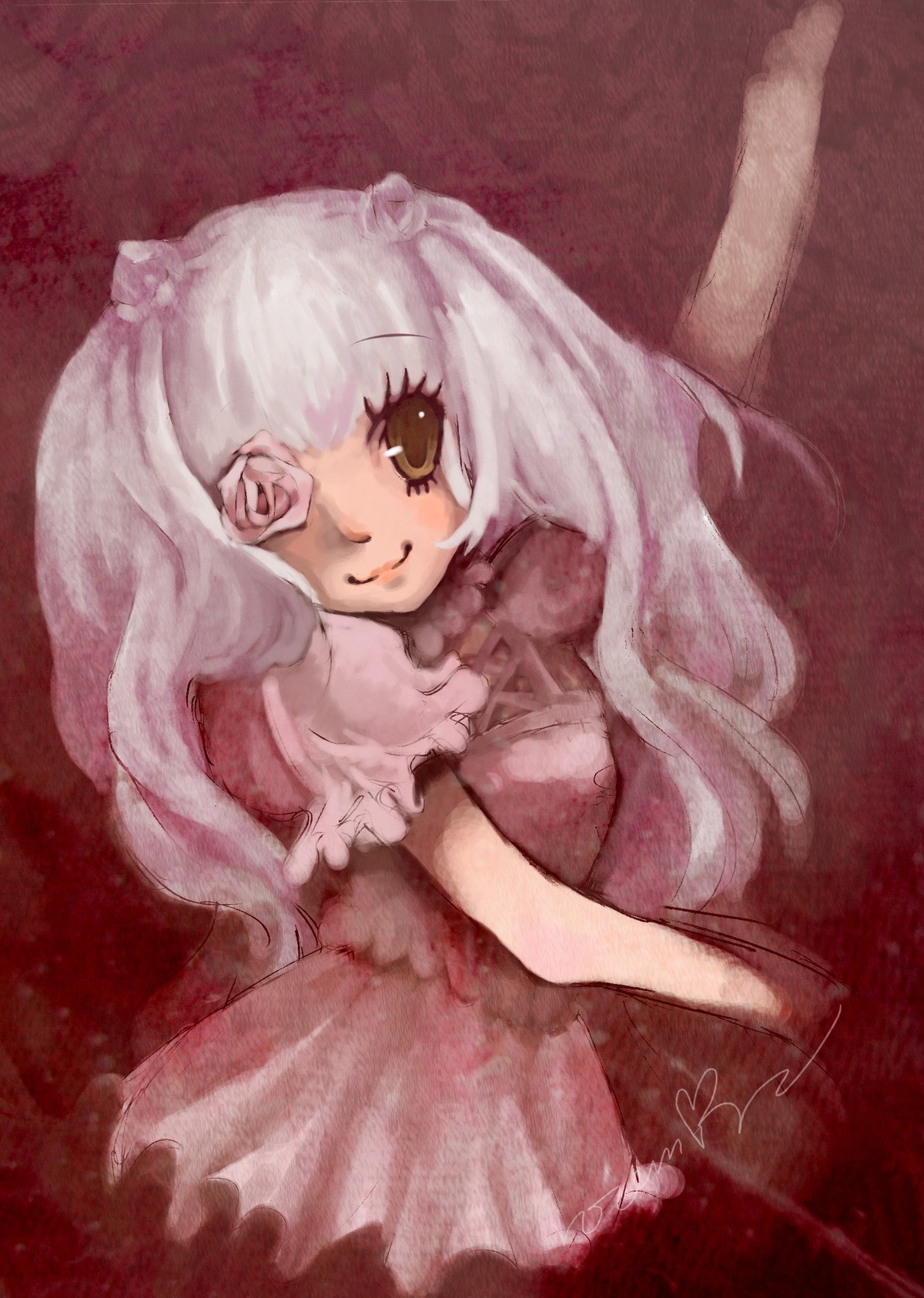 1girl bangs dress image kirakishou long_hair looking_at_viewer smile solo white_hair