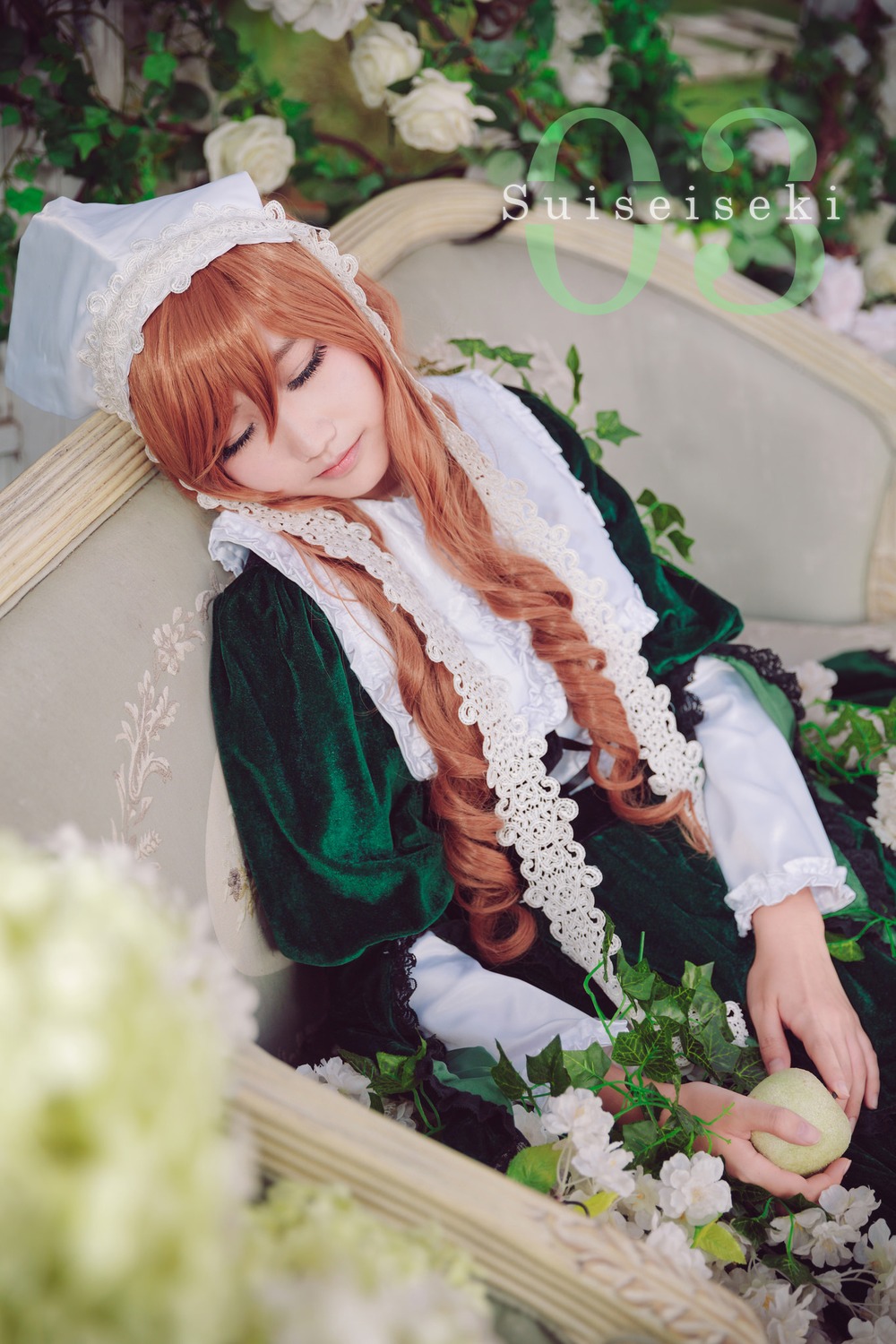 1girl blurry closed_eyes depth_of_field dress flower green_dress hat long_hair long_sleeves photo solo suiseiseki very_long_hair white_flower white_rose