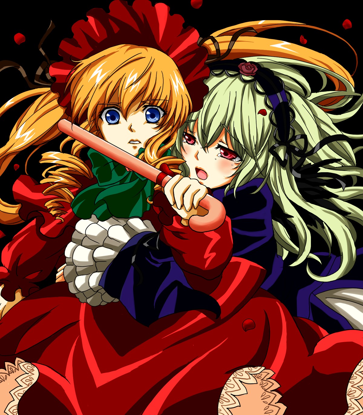 2girls blonde_hair blue_eyes dress drill_hair flower frills image long_hair long_sleeves multiple_girls open_mouth pair petals red_dress red_eyes ribbon rose shinku suigintou twintails