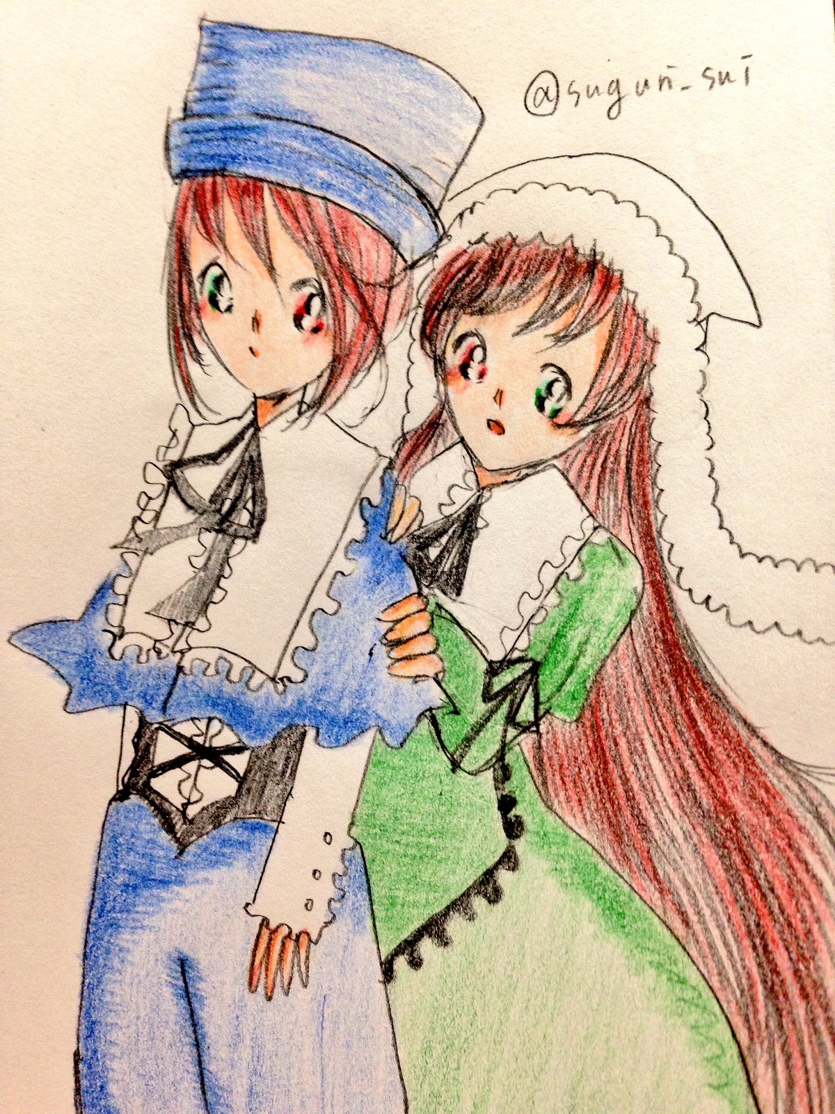 2girls :o blush brown_hair capelet dress green_dress green_eyes hat heterochromia image long_hair long_sleeves looking_at_viewer multiple_girls pair red_eyes short_hair siblings sisters souseiseki suiseiseki traditional_media twins very_long_hair