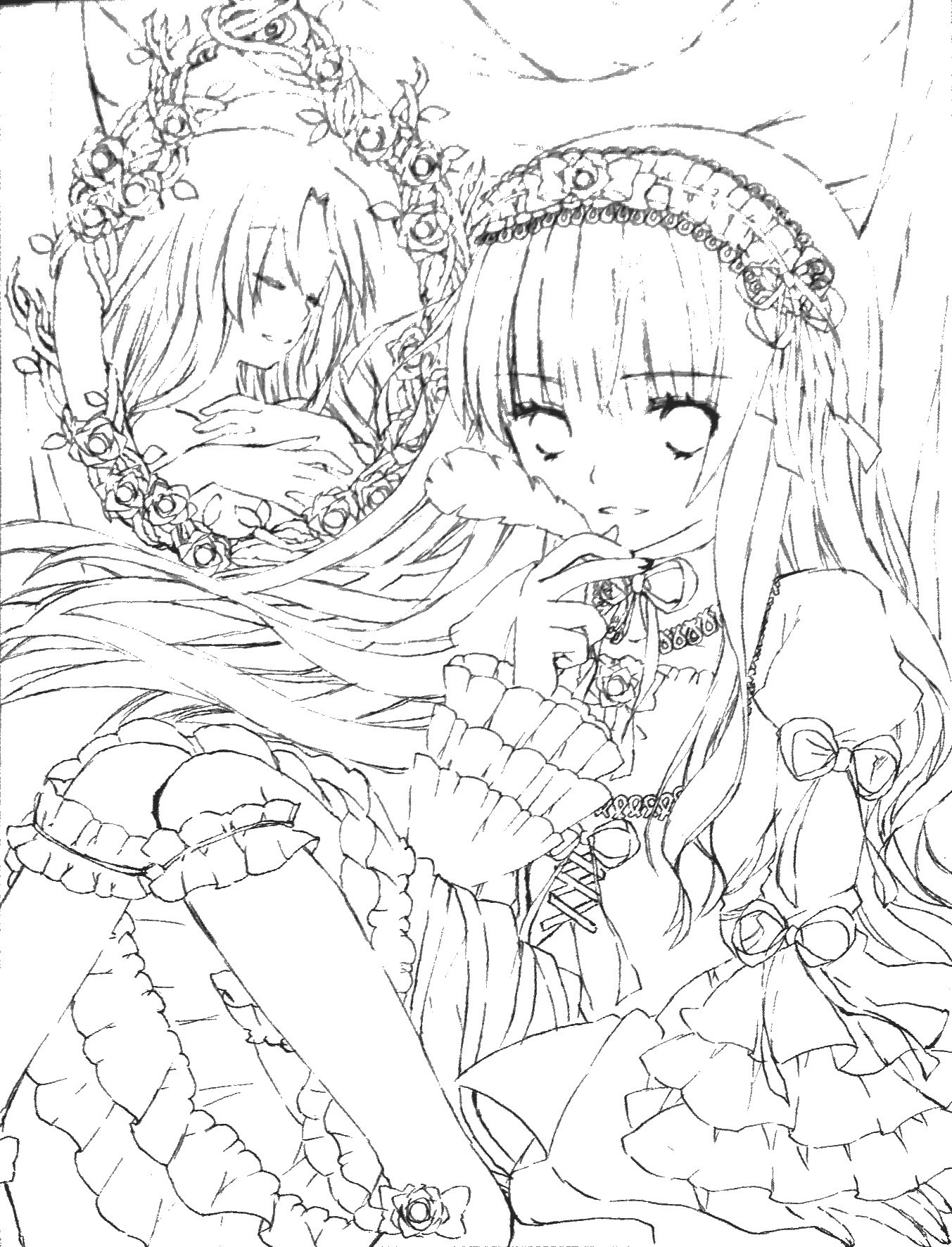 2girls closed_eyes dress flower frills greyscale image long_hair long_sleeves monochrome multiple_girls rose smile solo suigintou very_long_hair