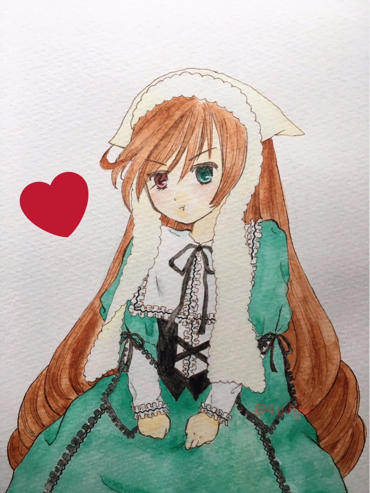 1girl black_ribbon brown_hair dress frills green_dress green_eyes heart heterochromia image long_hair long_sleeves looking_at_viewer pout red_eyes ribbon solo suiseiseki traditional_media very_long_hair watercolor_(medium)