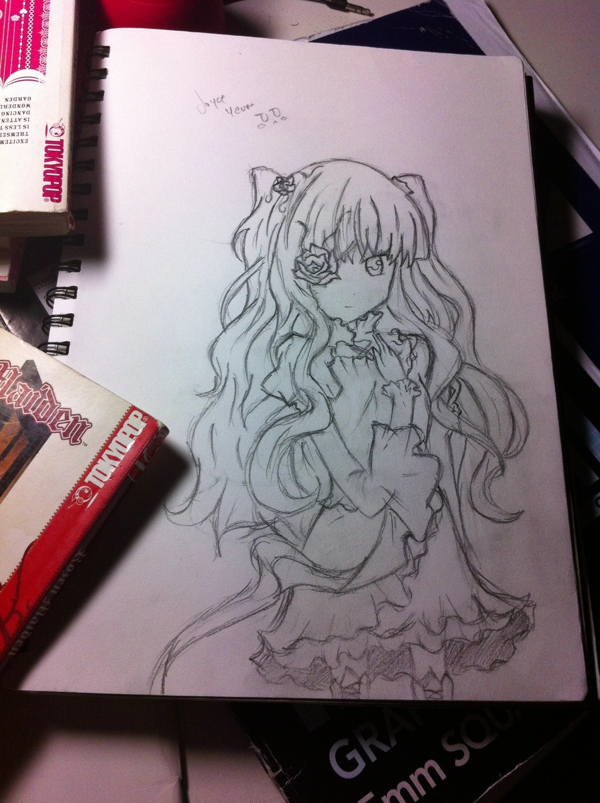 1girl dress frills hair_ornament hands_on_own_chest image kirakishou long_hair monochrome photo solo traditional_media