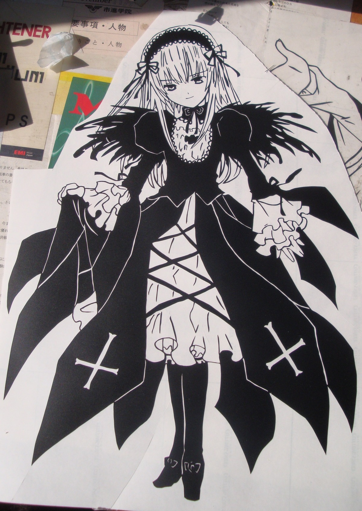 1girl boots dress frilled_sleeves frills full_body hairband image lolita_hairband long_hair long_sleeves looking_at_viewer monochrome photo ribbon solo standing suigintou traditional_media wings