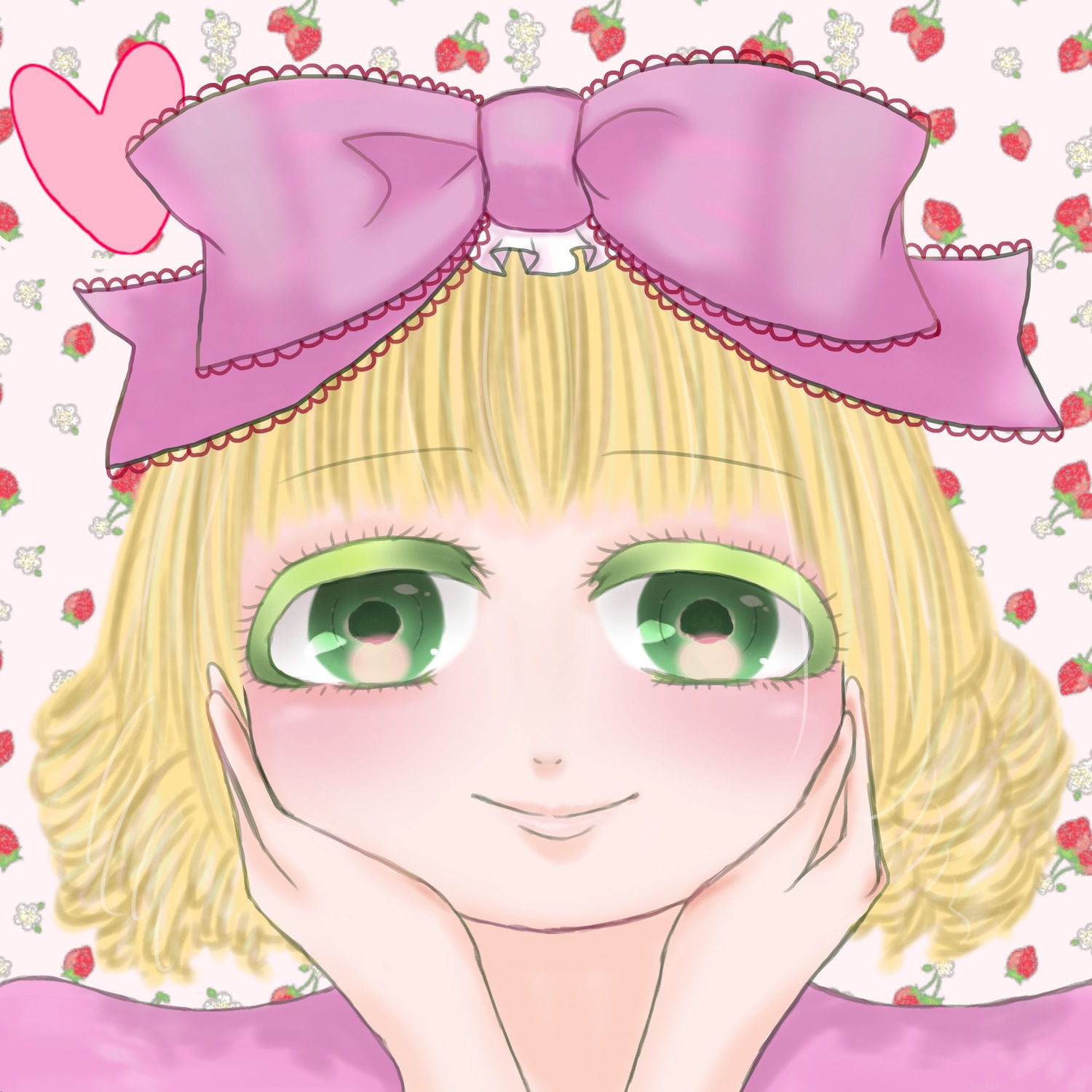 1girl apple blonde_hair blueberry blush bow cake cake_slice cherry cream cupcake face food food_print fruit grapes green_eyes hands_on_own_cheeks hands_on_own_face heart hina_ichigo hinaichigo holding_fruit image looking_at_viewer macaron pastry short_hair smile solo strawberry strawberry_hair_ornament strawberry_print strawberry_shortcake watermelon