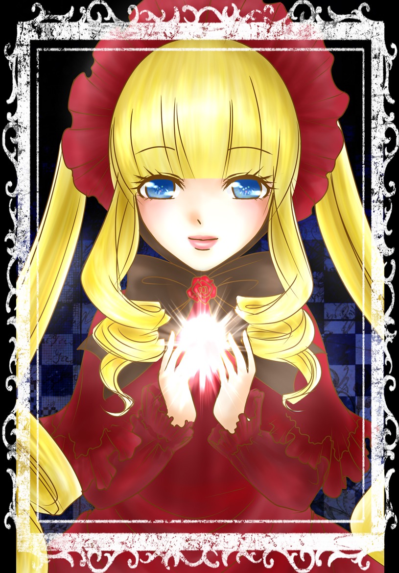 1girl bangs blonde_hair blue_eyes bonnet bow dress drill_hair image long_hair long_sleeves looking_at_viewer shinku sidelocks smile solo twintails upper_body