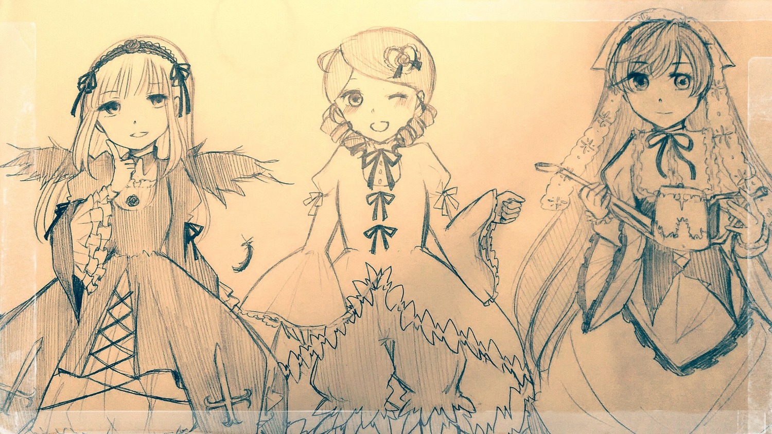 3girls bow cup dress drill_hair eyebrows_visible_through_hair feathered_wings hair_ornament hairband holding image long_hair long_sleeves looking_at_viewer monochrome multiple multiple_girls one_eye_closed open_mouth short_hair siblings sisters sketch smile suigintou tagme traditional_media twins wide_sleeves wings