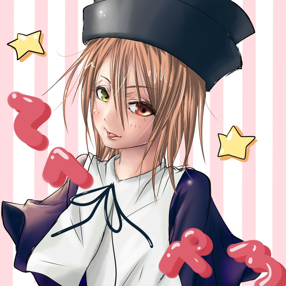 1boy american_flag black_headwear brown_hair diagonal_stripes green_eyes hat heart heterochromia image red_eyes solo souseiseki star_(symbol) star_print starry_background striped striped_background tongue tongue_out vertical_stripes