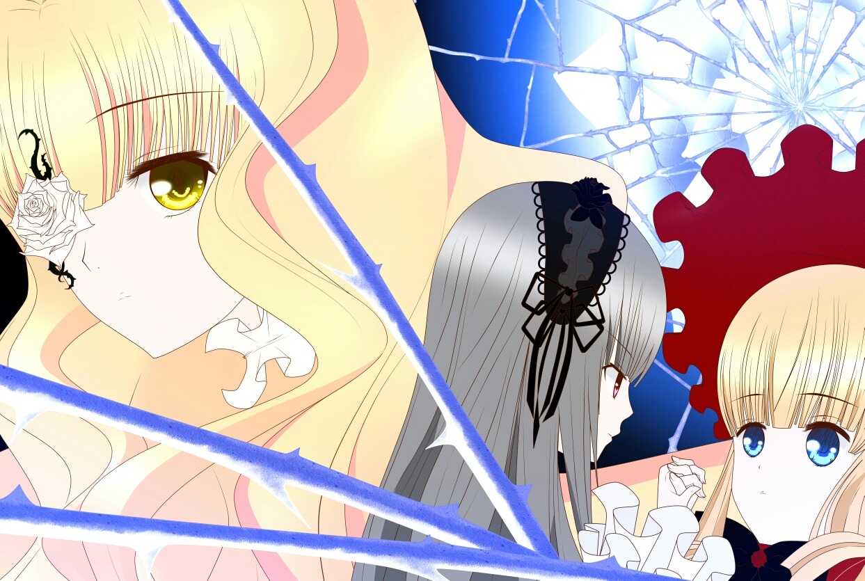 3girls blonde_hair blue_eyes flower hairband holding_hands image long_hair multiple multiple_girls profile rose shinku silver_hair suigintou tagme white_flower white_rose yuri zoom_layer