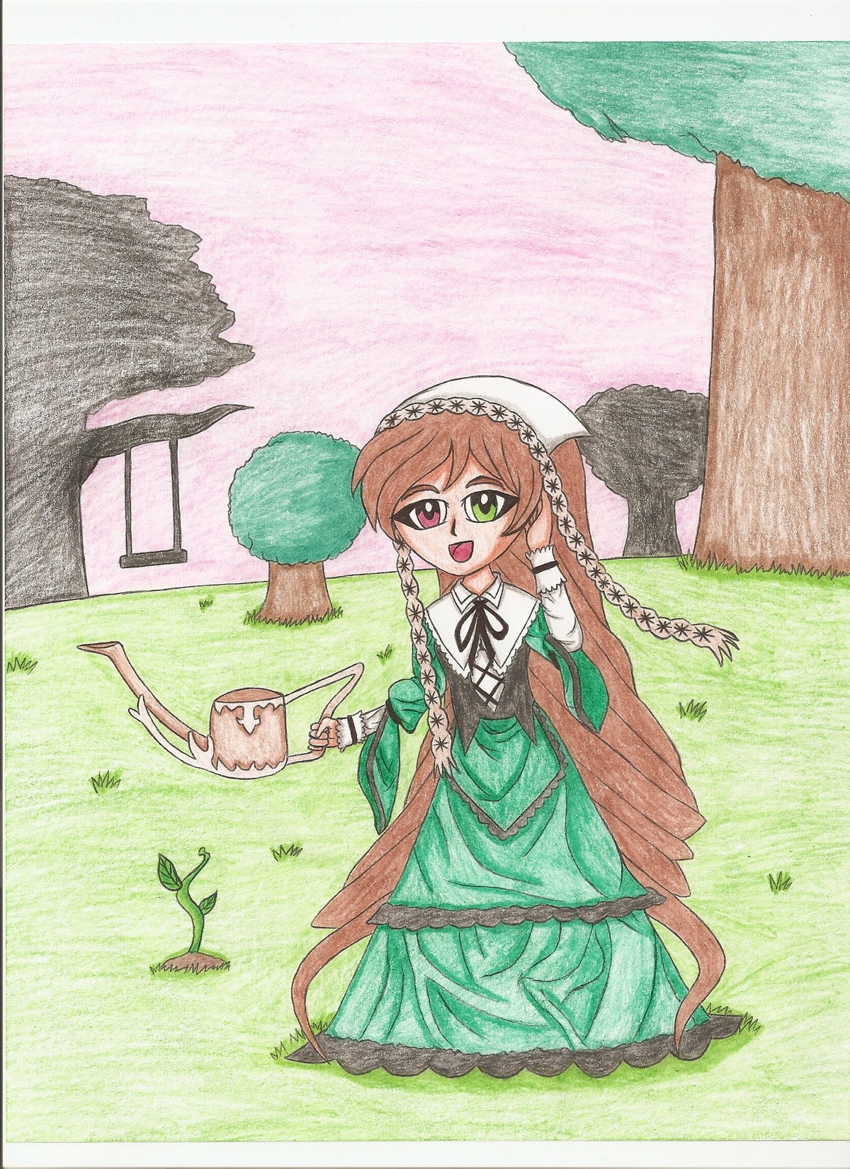 1girl braid brown_hair dress grass green_dress green_eyes image long_hair long_sleeves open_mouth smile solo suiseiseki twin_braids