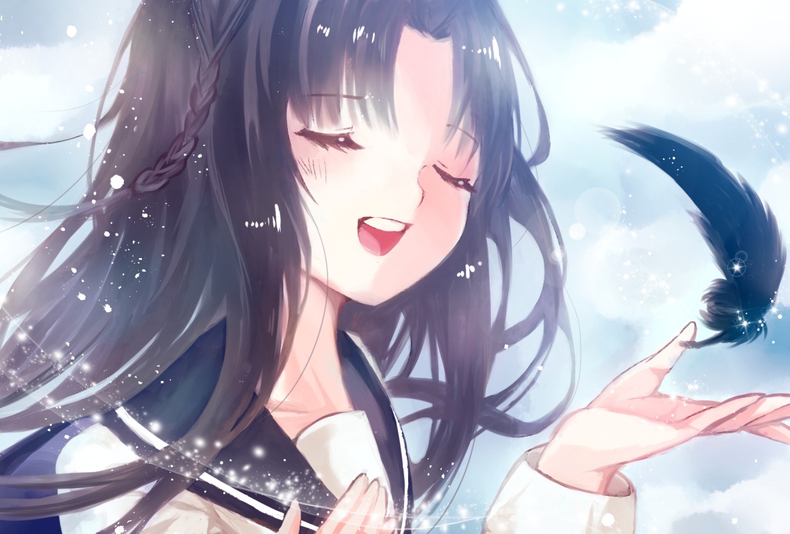 1girl air_bubble bird black_hair blush braid bubble closed_eyes eyebrows_visible_through_hair feathers human long_hair long_sleeves open_mouth parted_bangs school_uniform serafuku smile solo tears