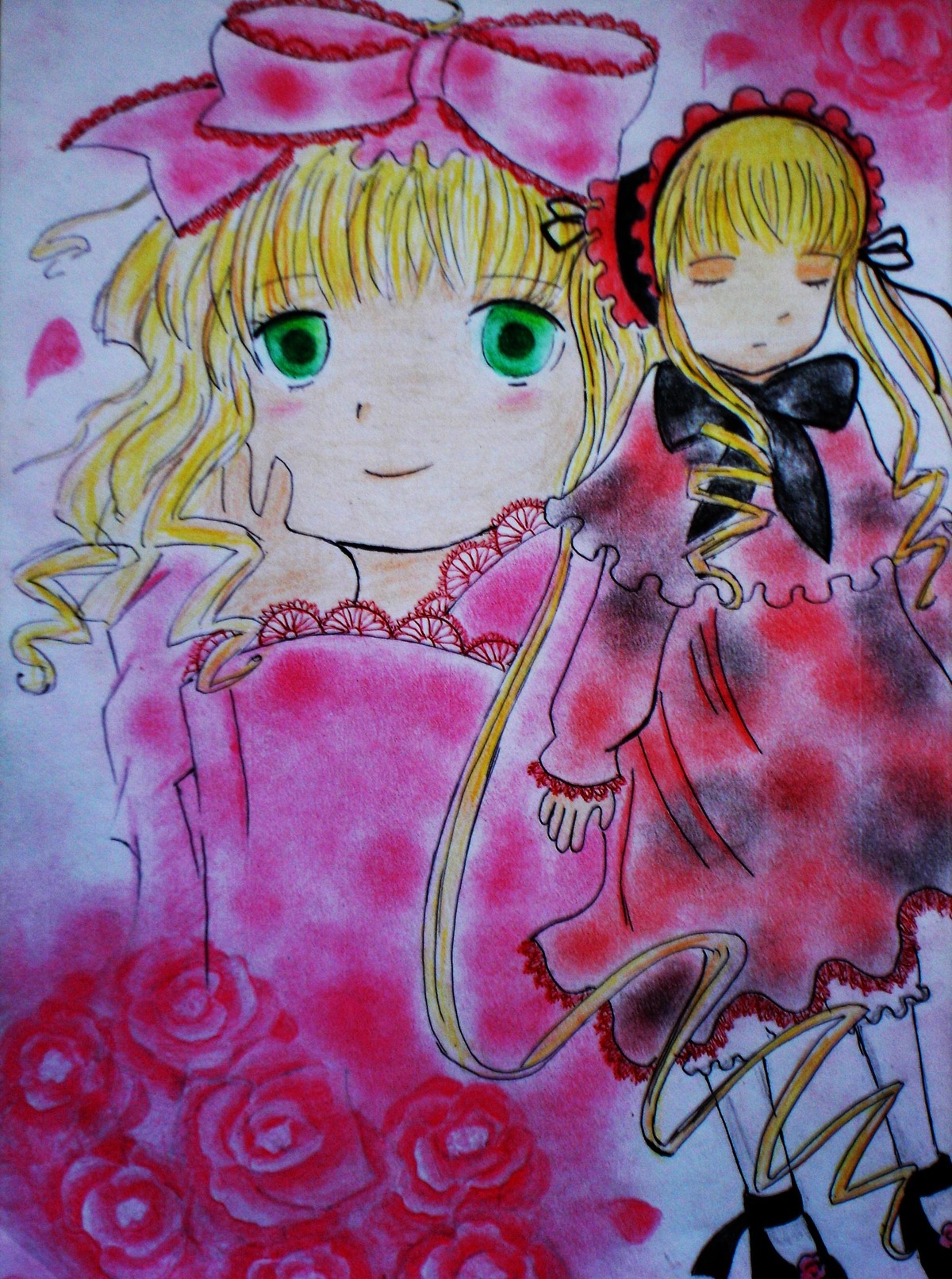 auto_tagged blonde_hair bow closed_eyes dress flower frills hina_ichigo hinaichigo image long_hair long_sleeves looking_at_viewer multiple_girls pair petals pink_bow red_rose rose rose_petals shinku smile traditional_media