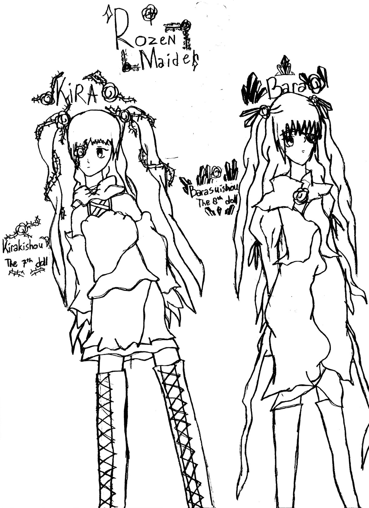 2girls barasuishou boots cross-laced_footwear dress flower greyscale hair_ornament image kirakishou lace-up_boots long_hair monochrome multiple_girls pair thigh_boots thighhighs twintails two_side_up veil zettai_ryouiki