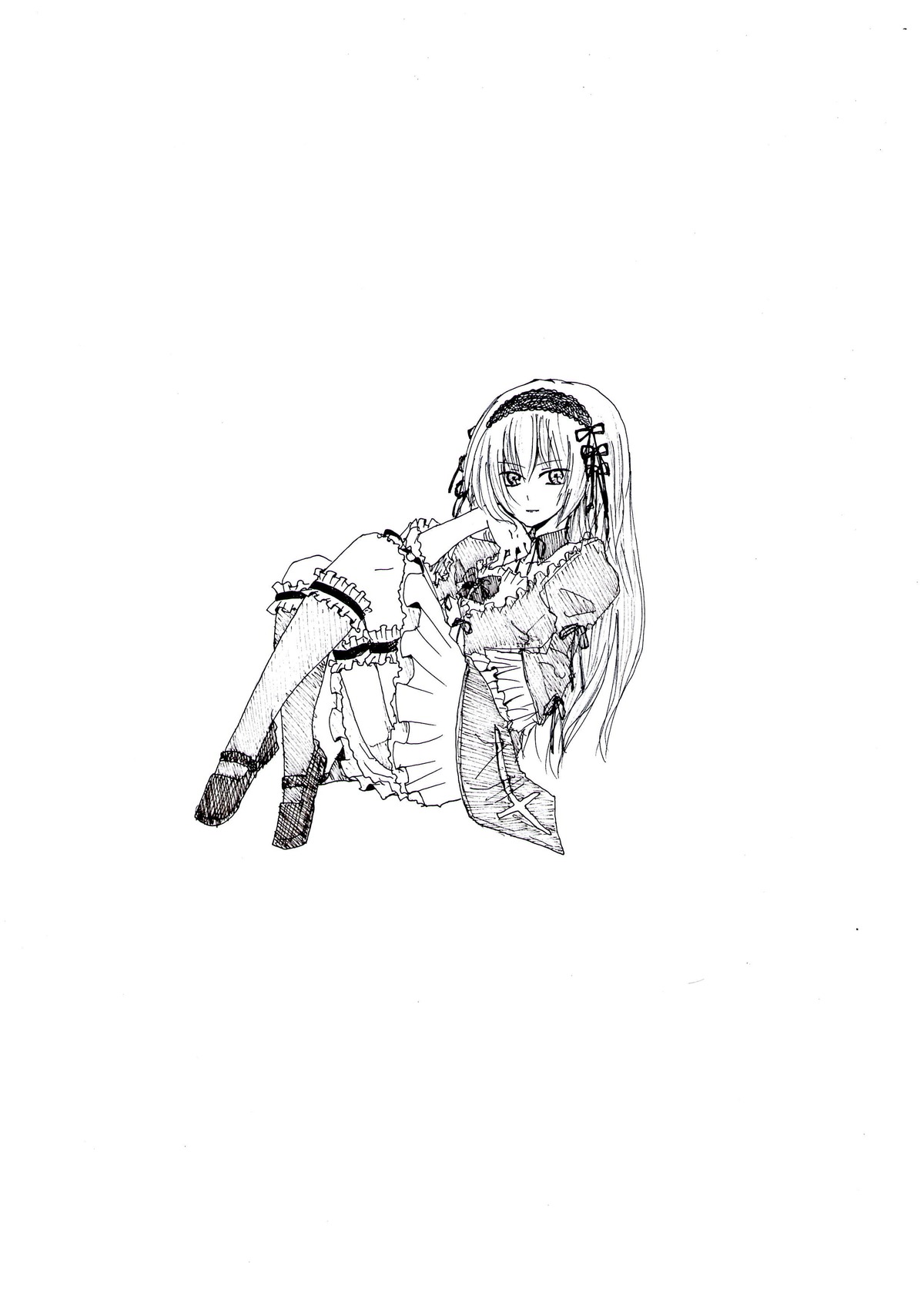1girl auto_tagged dress frills full_body greyscale hairband image lolita_fashion lolita_hairband long_hair long_sleeves looking_at_viewer monochrome shoes sitting solo suigintou