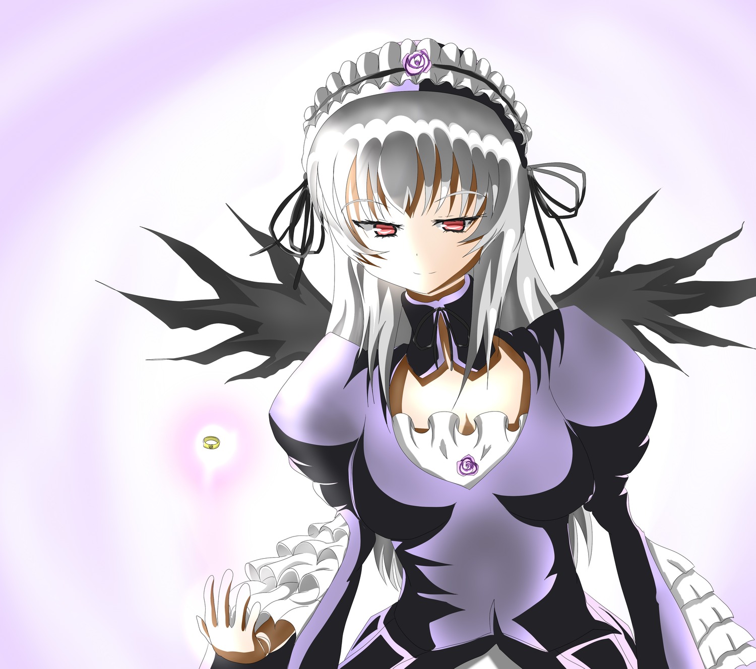 1girl black_wings dress flower frills gradient gradient_background hairband image juliet_sleeves lolita_fashion long_hair long_sleeves looking_at_viewer puffy_sleeves red_eyes ribbon rose silver_hair solo suigintou wings