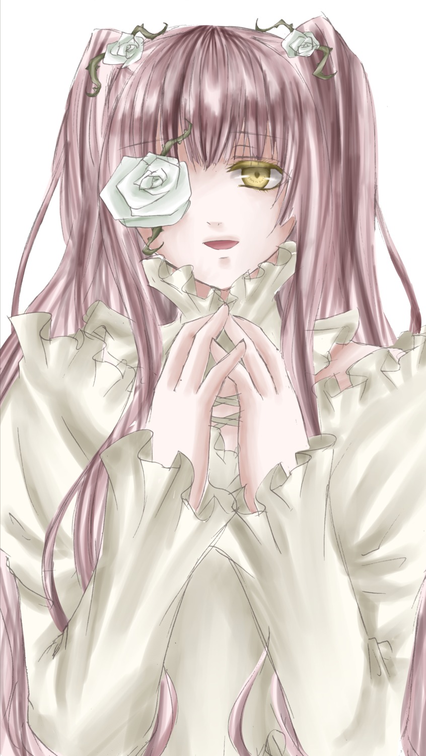 1girl dress eyepatch flower frills hair_ornament image kirakishou long_hair long_sleeves pink_hair rose solo striped vertical_stripes very_long_hair white_flower white_rose yellow_eyes
