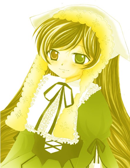 1girl animal_ears brown_hair dress frills green_dress green_eyes image long_hair long_sleeves looking_at_viewer ribbon smile solo suiseiseki very_long_hair white_background