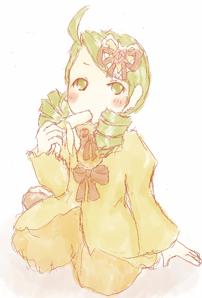 1girl ahoge auto_tagged blush bow bowtie drill_hair eating green_eyes green_hair hair_ornament image kanaria long_sleeves simple_background solo striped twin_drills white_background wide_sleeves yellow_dress