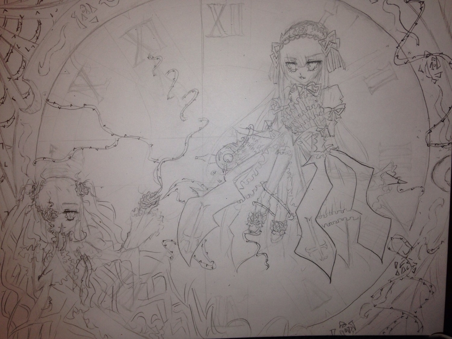 2girls dress image kirakishou lineart long_hair monochrome multiple_girls pair siblings sisters sketch suigintou traditional_media twins