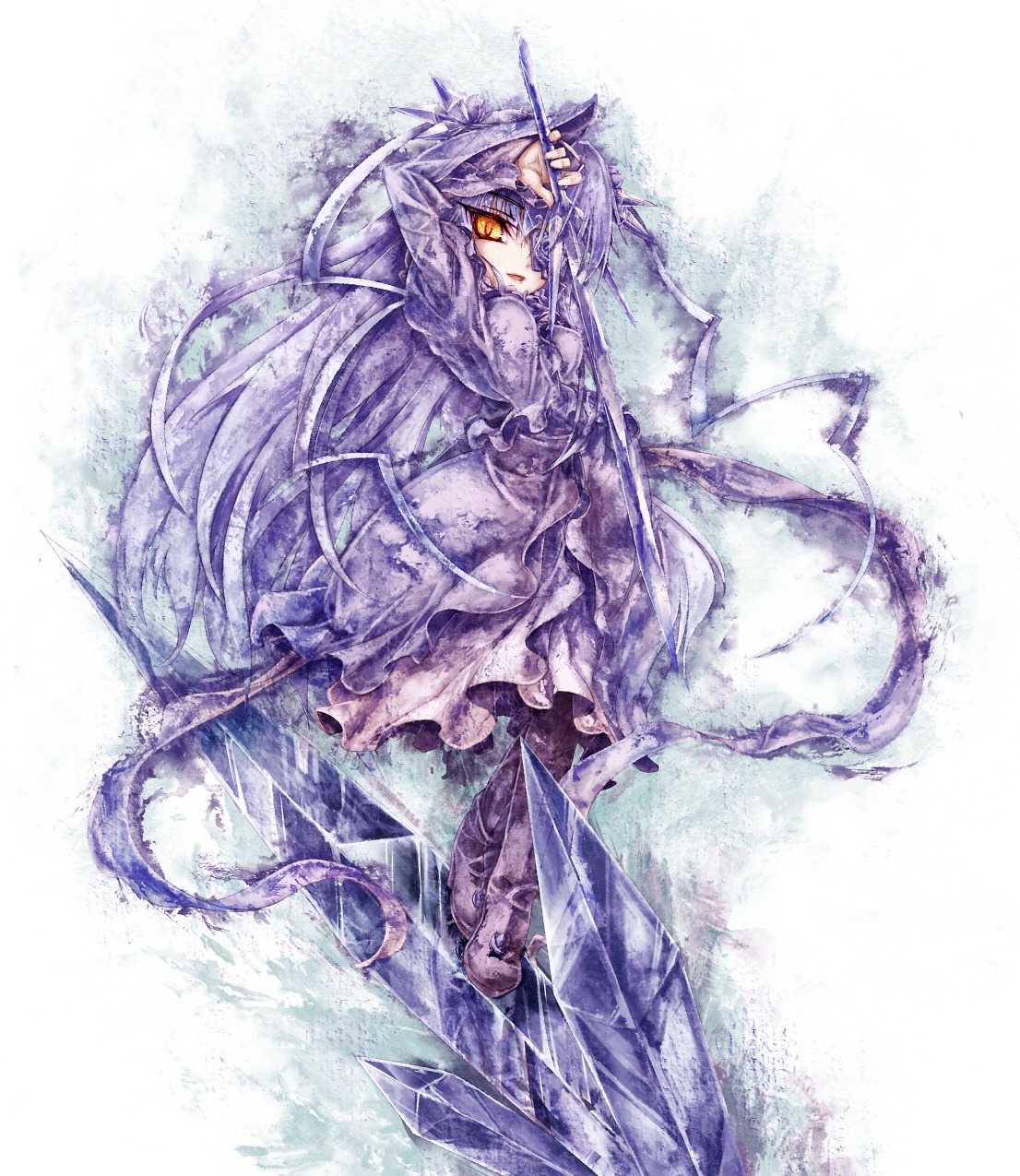 1girl barasuishou commentary_request crystal dress eyepatch flower frills highres image long_hair long_sleeves purple_hair ribbon rozen_maiden sasa_ichi solo sword very_long_hair weapon yellow_eyes