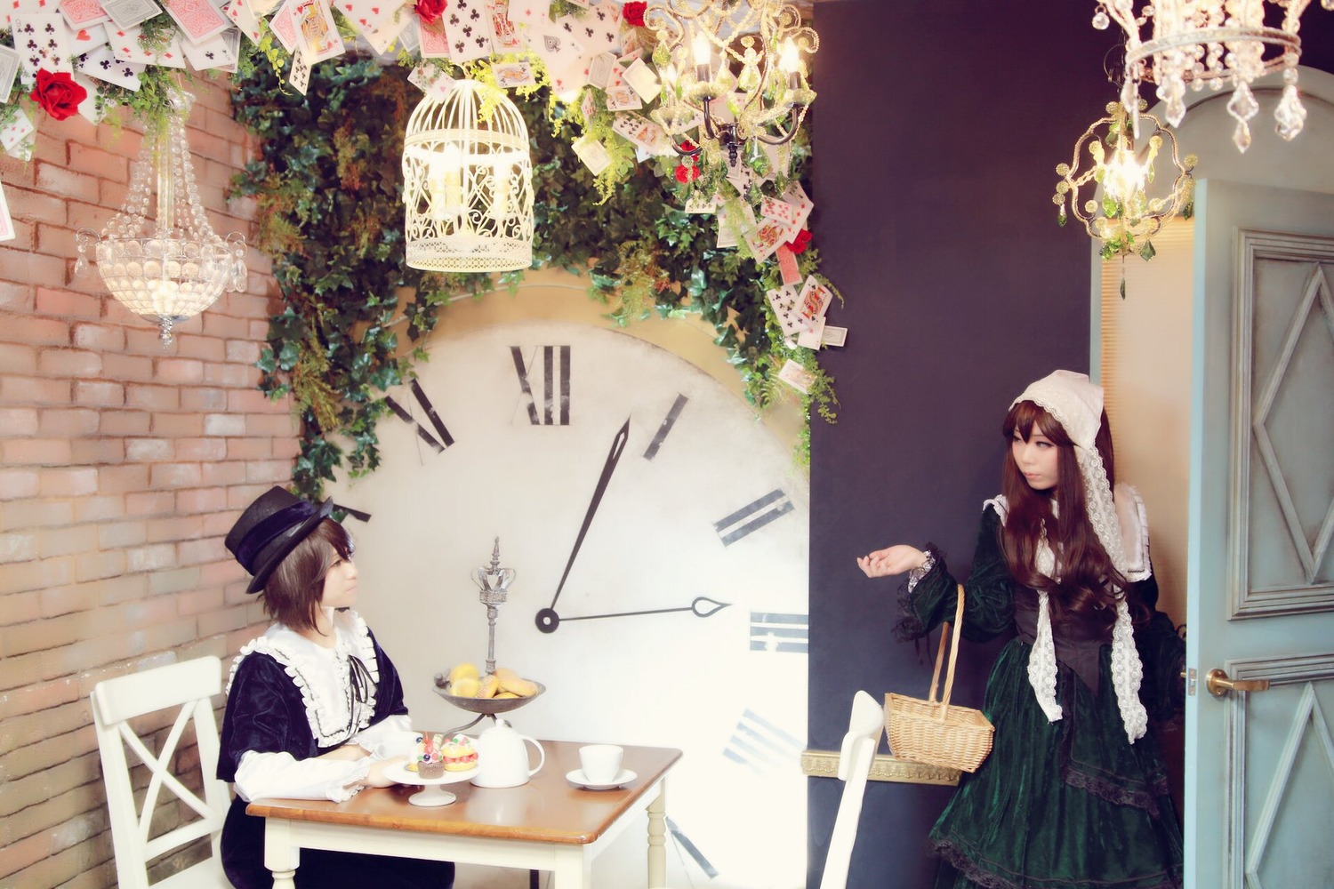 2girls brown_hair dress flower hat indoors instrument multiple_cosplay multiple_girls musical_note red_flower red_rose rose short_hair sitting table tagme window