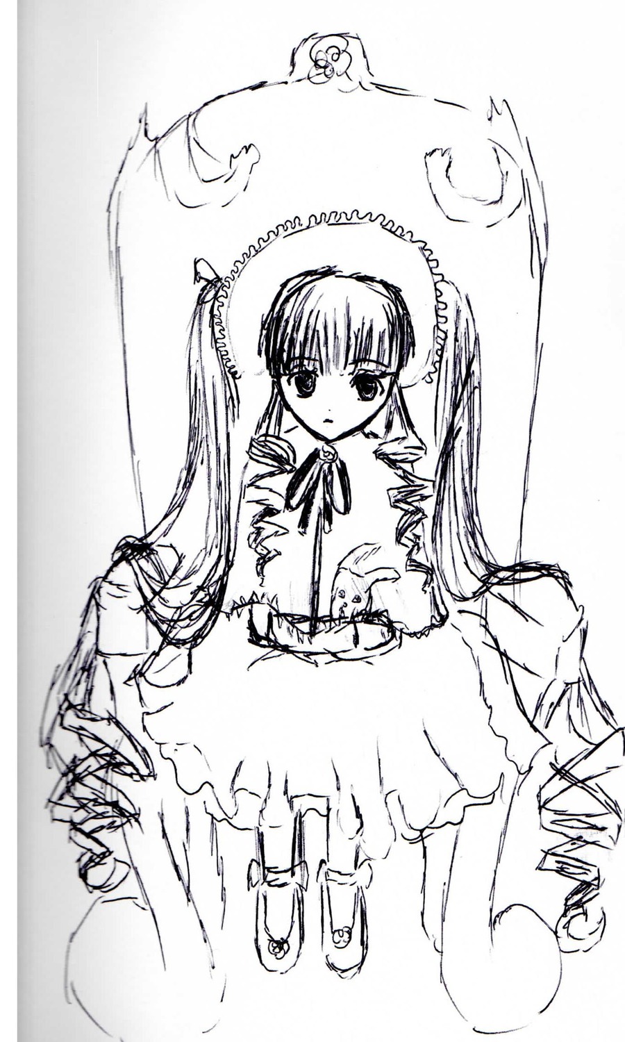 1girl dress frills full_body greyscale image long_hair long_sleeves looking_at_viewer monochrome ribbon shinku simple_background solo standing twintails very_long_hair