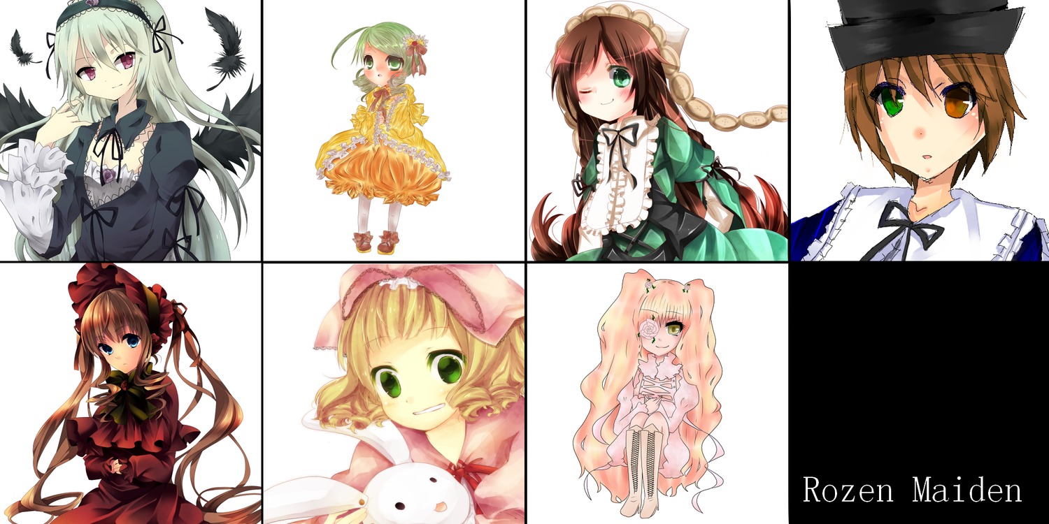 6+girls blonde_hair bonnet bow brown_hair dress flower green_eyes hairband hat head_scarf heterochromia hina_ichigo image long_hair long_sleeves multiple multiple_girls one_eye_closed pink_bow pink_dress ribbon shinku short_hair silver_hair sisters smile souseiseki suigintou suiseiseki tagme twintails very_long_hair wings