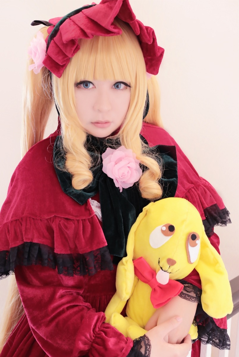 1girl blonde_hair blue_eyes bonnet bow dress flower lips long_hair looking_at_viewer photo red_dress rose shinku solo