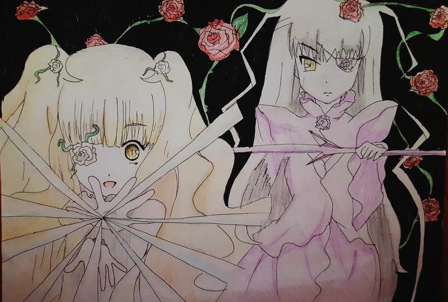 2girls bangs barasuishou dress flower hair_ornament image kirakishou long_hair multiple_girls pair pink_flower pink_rose red_flower red_rose rose thorns vines yellow_eyes