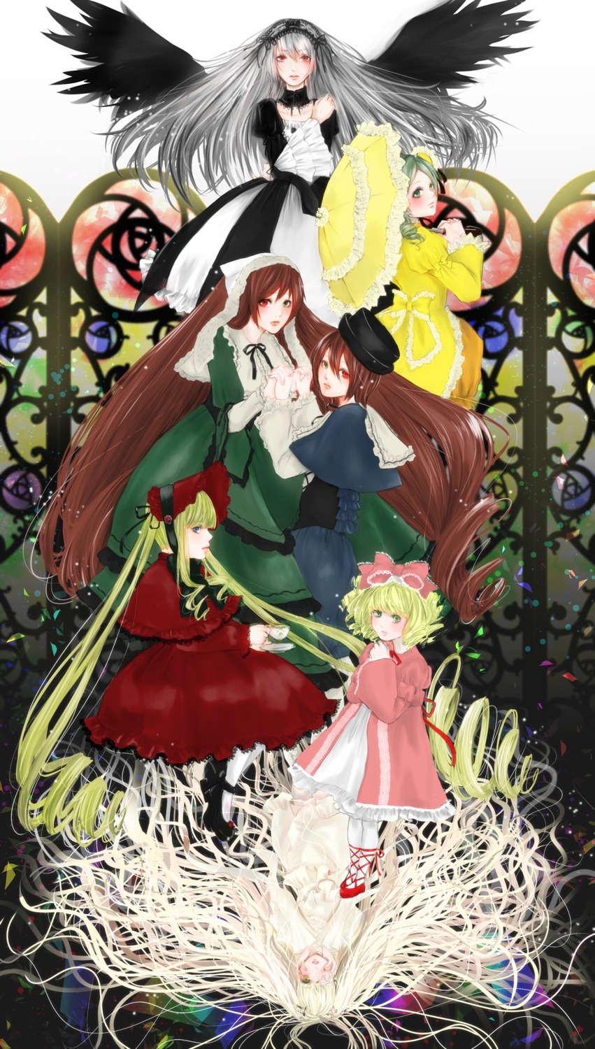 6+girls black_wings blonde_hair bow brown_hair closed_eyes dress flower hat hina_ichigo image long_hair multiple multiple_girls pink_bow red_eyes rose shinku silver_hair souseiseki suigintou suiseiseki tagme very_long_hair wings