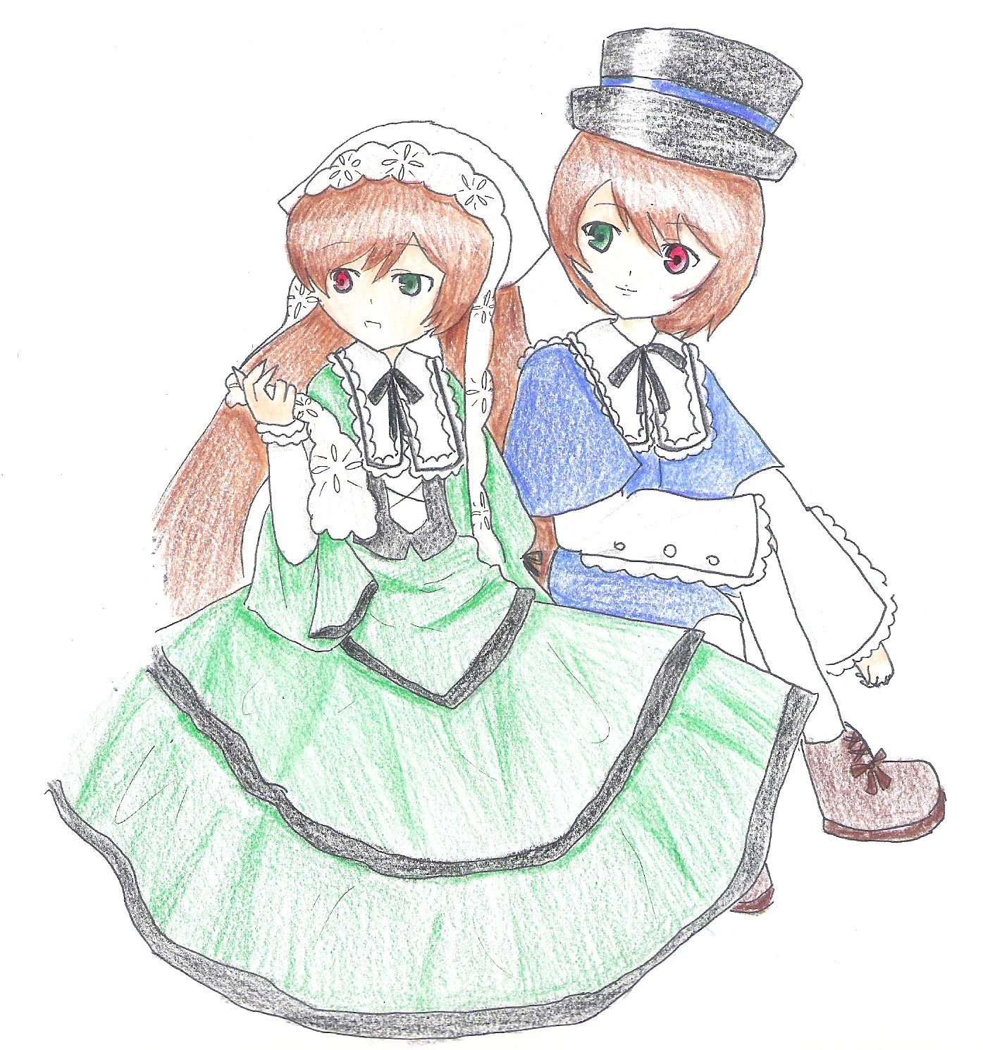 2girls blue_dress brown_hair dress frills green_dress green_eyes hat heterochromia holding_hands image long_hair long_sleeves looking_at_viewer multiple_girls pair red_eyes short_hair siblings simple_background sisters smile souseiseki suiseiseki twins white_background