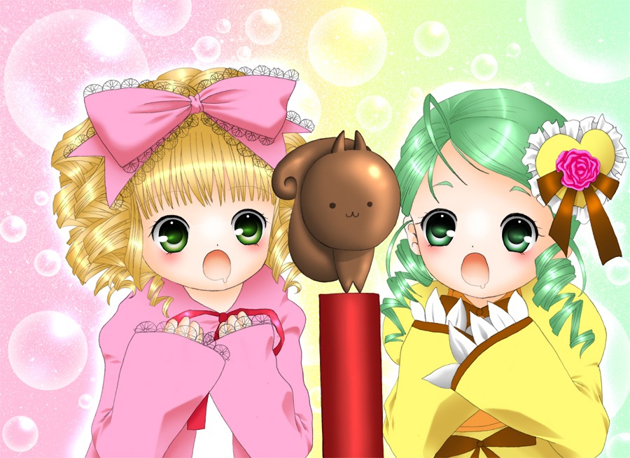 2girls :o auto_tagged blonde_hair blush bow drill_hair frills green_eyes green_hair heart hina_ichigo hinaichigo image kanaria long_sleeves multiple_girls open_mouth pair pink_bow rose short_hair stuffed_animal tears twin_drills