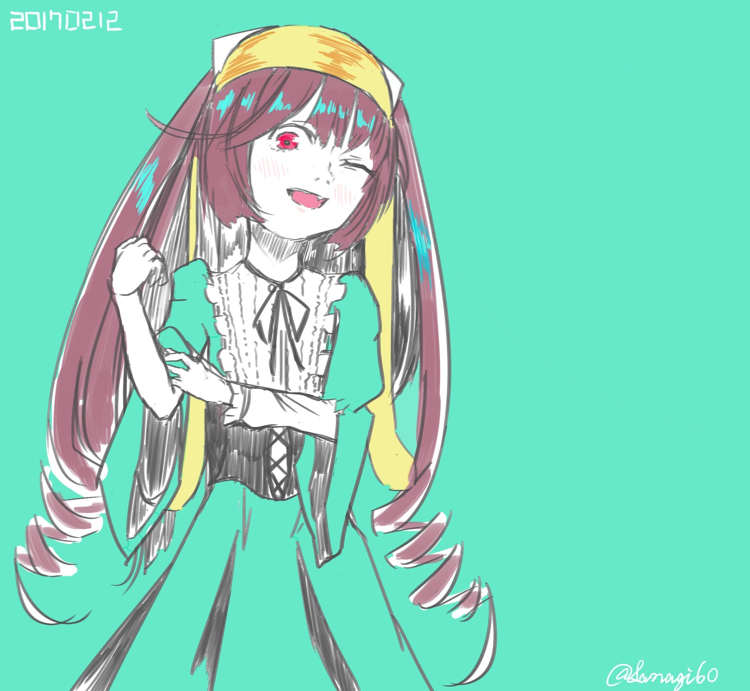 1girl blush dress drill_hair eyebrows_visible_through_hair fang green_background image long_hair looking_at_viewer one_eye_closed open_mouth red_eyes ribbon simple_background smile solo suiseiseki twin_drills twitter_username very_long_hair