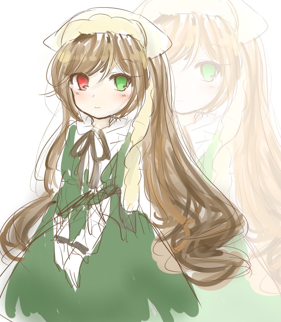 1girl black_ribbon blush brown_hair dress green_dress green_eyes hat head_scarf heterochromia image long_hair long_sleeves looking_at_viewer multiple_girls red_eyes siblings sisters smile solo suiseiseki twins very_long_hair white_background