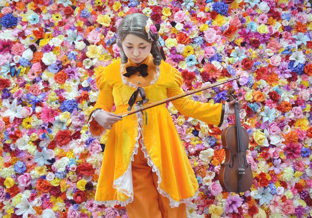 1girl closed_eyes dress flower grey_hair hair_ornament kanaria orange_dress orange_flower red_flower rose sitting solo yellow_dress yellow_flower yellow_rose