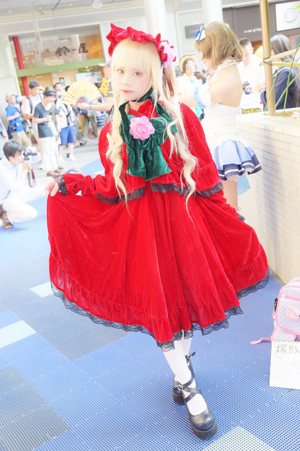 1girl black_footwear blonde_hair bow dress flower long_sleeves mary_janes mirror photo red_dress shinku shoes solo standing white_legwear