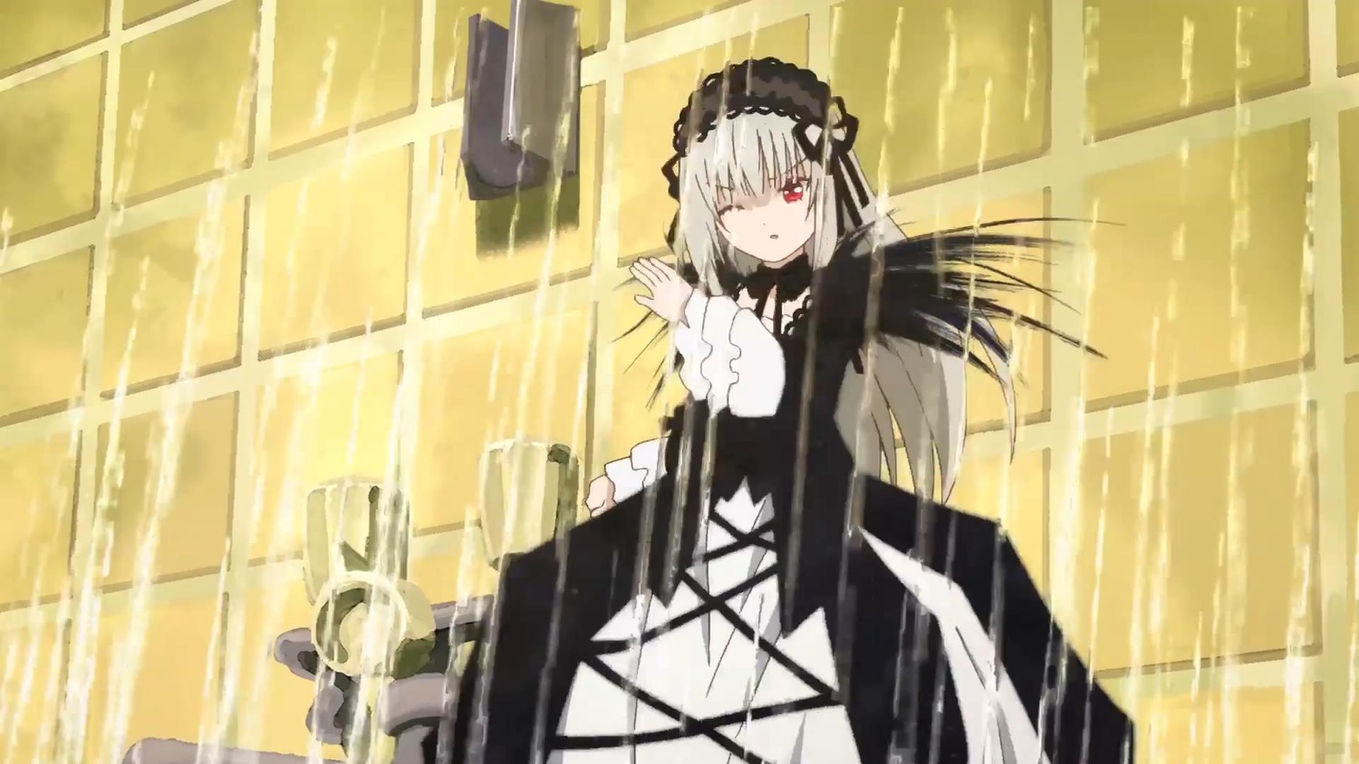 1girl black_dress black_ribbon cross-laced_clothes dress frills hairband image lolita_fashion lolita_hairband long_hair long_sleeves looking_at_viewer one_eye_closed red_eyes ribbon rose silver_hair solo suigintou very_long_hair