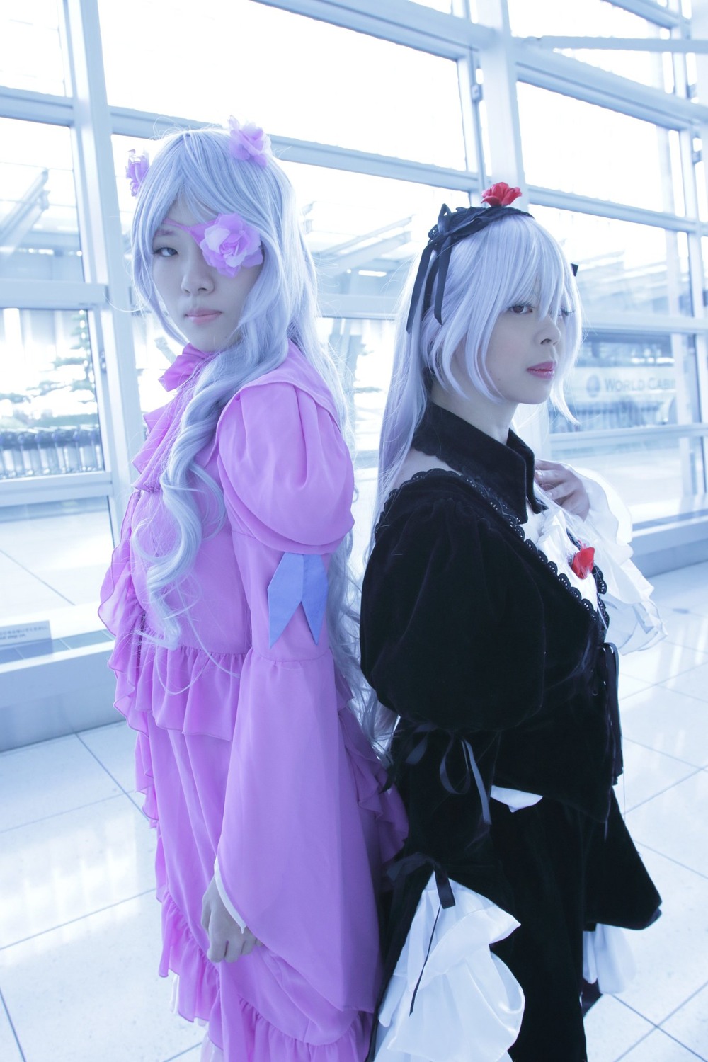 2girls back-to-back eyepatch long_hair maid multiple_cosplay multiple_girls tagme window