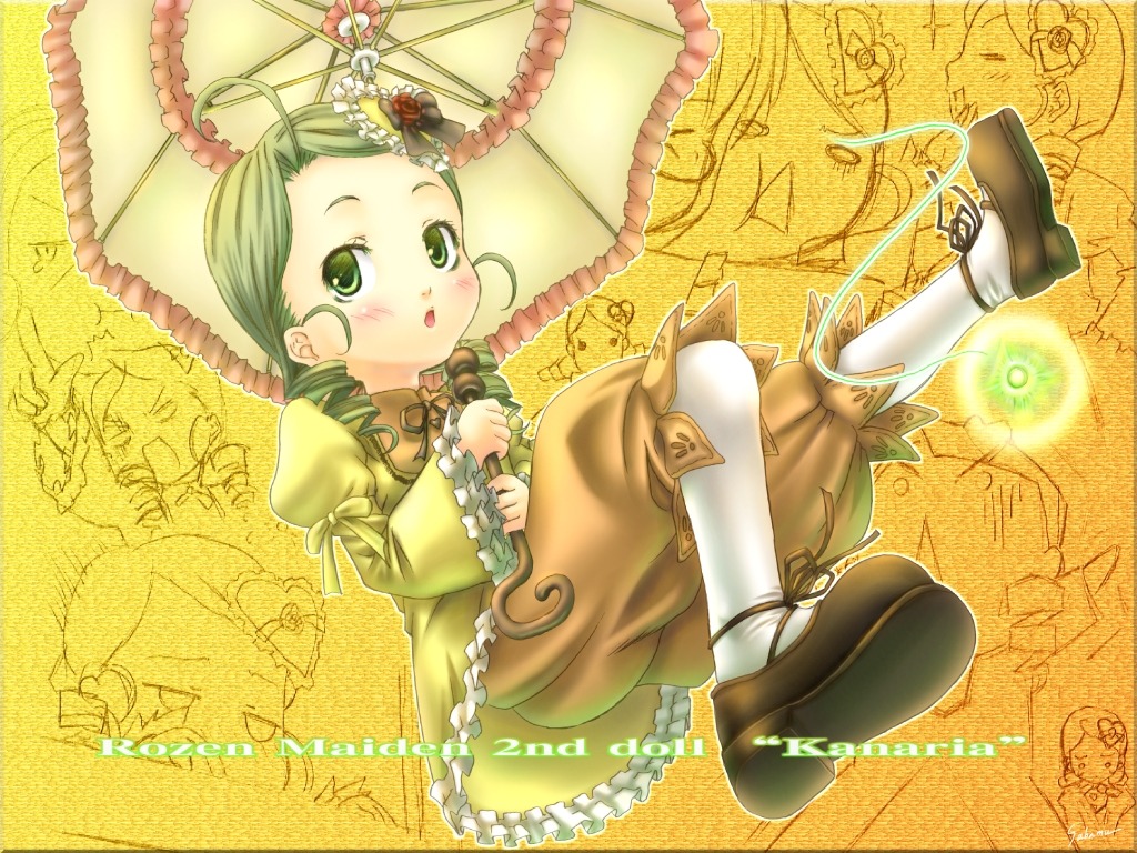 1girl :o ahoge blush boots dress drill_hair frilled_sleeves frilled_umbrella frills full_body green_eyes green_hair hair_ornament heart heart_hair_ornament holding_umbrella image kanaria long_sleeves looking_at_viewer pantyhose parasol parted_lips puffy_pants puffy_sleeves rozen_maiden sabamu short_hair solo umbrella white_legwear yellow_background yellow_dress