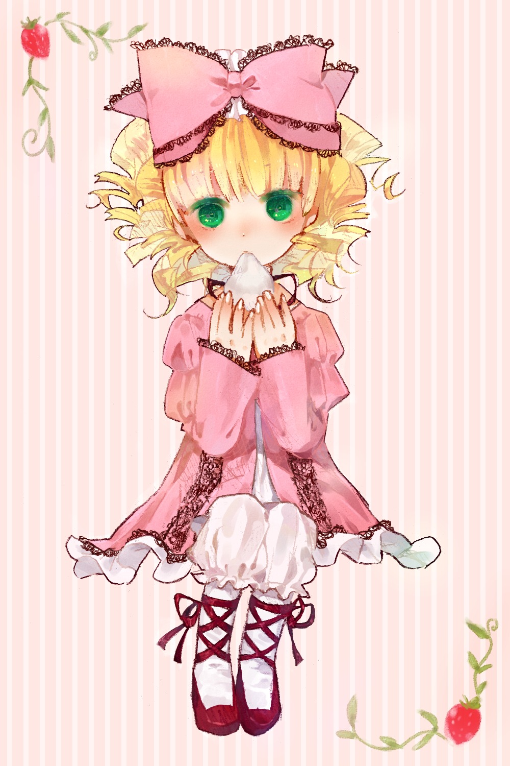 1girl apple blonde_hair bow dress eating food frills fruit green_eyes hair_bow hina_ichigo hinaichigo holding_food holding_fruit image long_sleeves object_namesake pink_bow pink_dress ribbon short_hair solo strawberry striped striped_background vertical_stripes